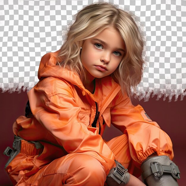 PSD blonde aziatische kind meisje brandweerman stijl poseert op tangerine achtergrond