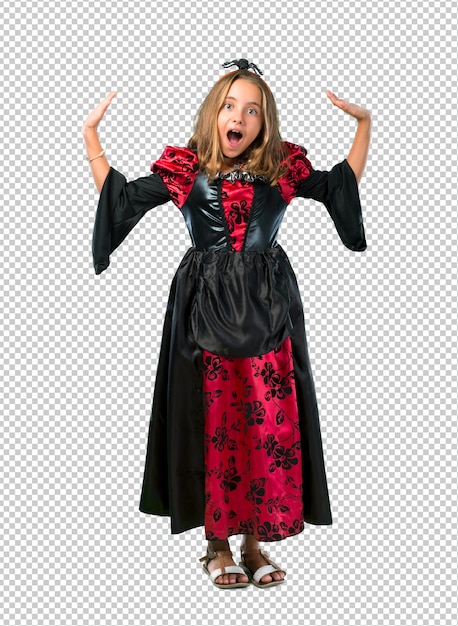 Blonde child dressed as a vampire for halloween holidays with surprise and shocked facial expression