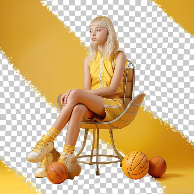 PSD blonde east asian child nostalgic basketball pose lemon backdrop