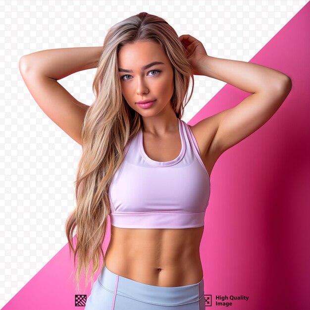 Ragazza bionda fitness che indossa abiti sportivi mentre si tocca i capelli lunghi e guarda la fotocamera su uno sfondo rosa isolato