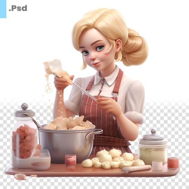 PSD blonde girl cooking dumplings isolated on white background psd template