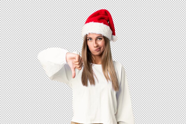 Blonde Girl with christmas hat showing thumb down sign