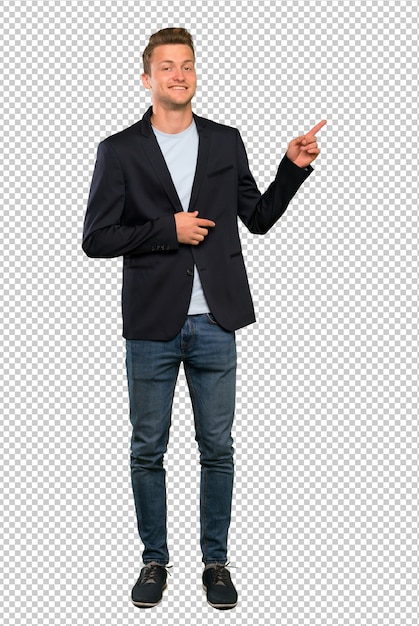 PSD blonde handsome man pointing finger to the side