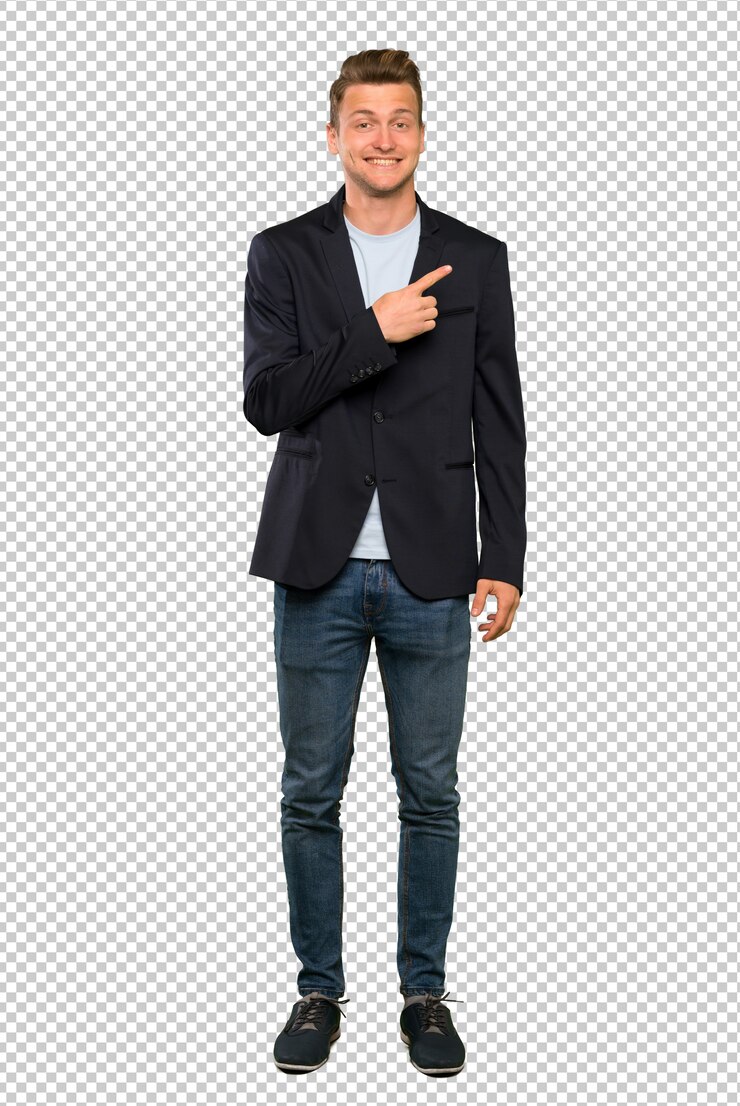 PSD blonde handsome man pointing to the side to present a product