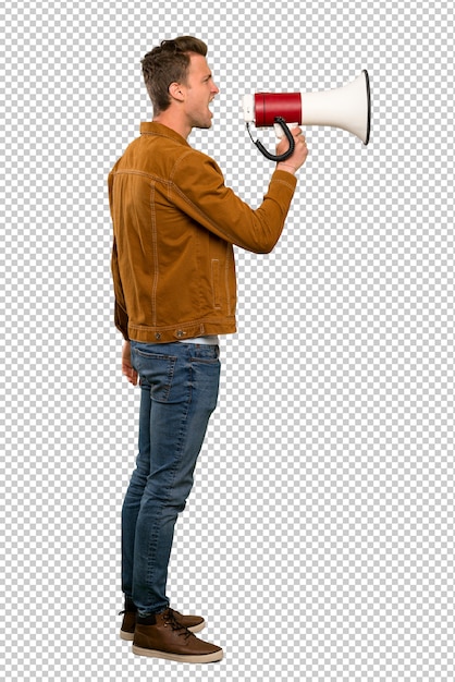 PSD blonde handsome man shouting through a megaphone