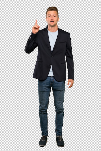 PSD blonde handsome man thinking an idea pointing the finger up