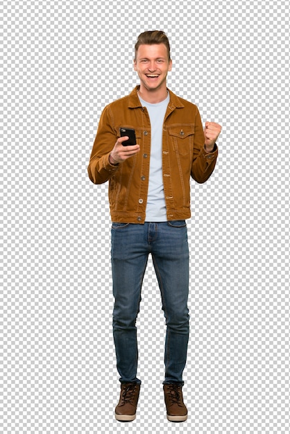 PSD blonde handsome man with phone in victory position