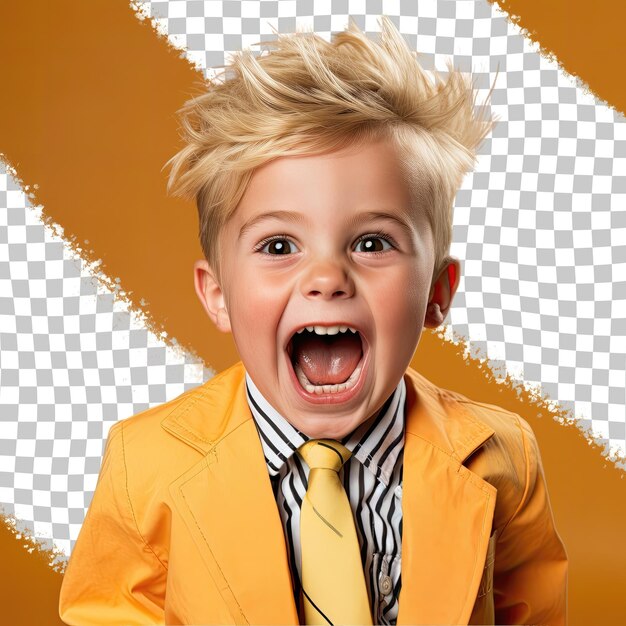 Blonde hispanic preschooler playful hairdresser boy on pastel tangerine