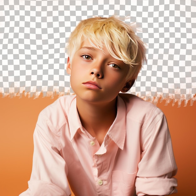 Blonde islander boy in choreografische stijl poseert met casual hair tug op abrikozen achtergrond