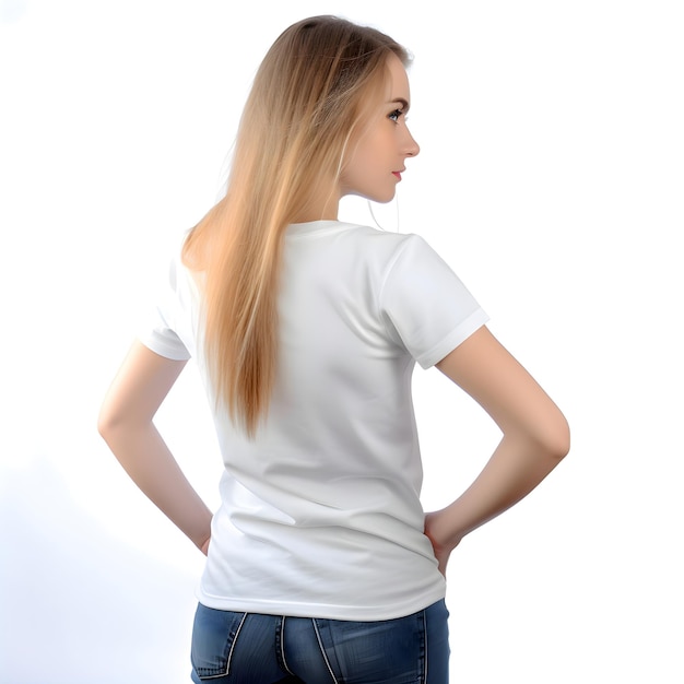 PSD blonde meisje in een wit t-shirt op een witte achtergrond