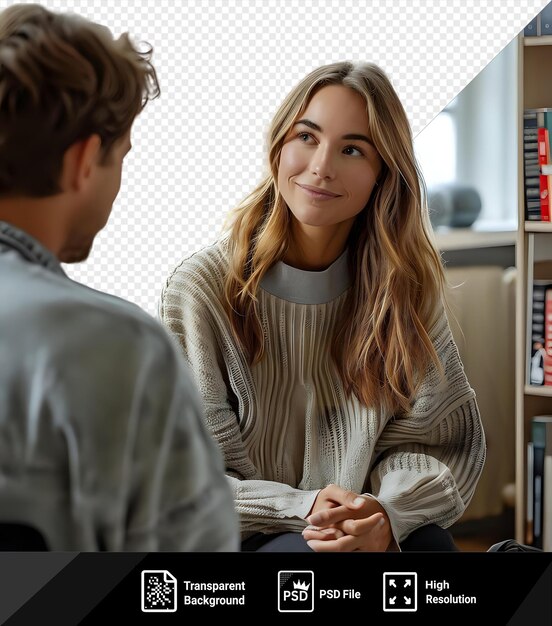 PSD blonde psychologist talking to a male patient at her office png psd