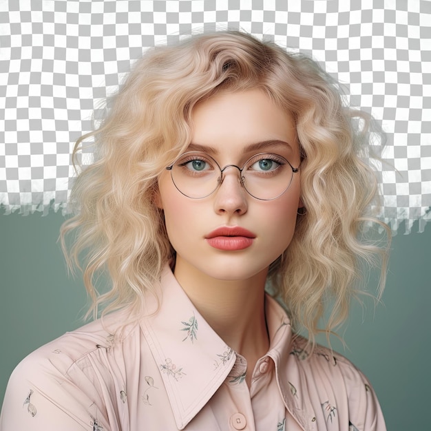 PSD blonde slavic photographer focused gaze in pastel cream