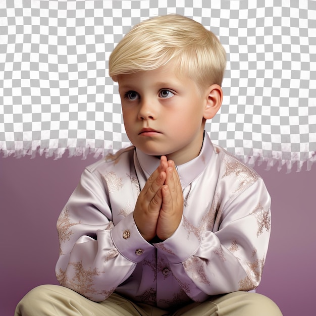 Blonde slavic preschooler boy in theater attire poses serenely on lilac background
