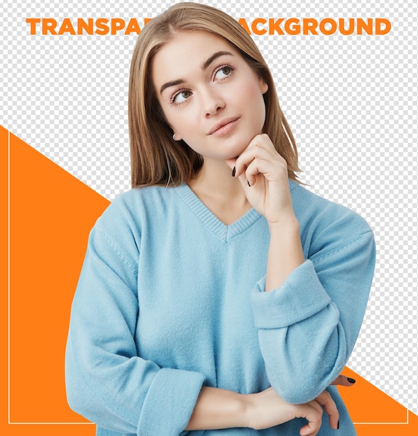 Blonde vrouw die nadenkt en omhoog kijkt.