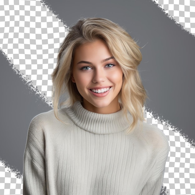 PSD donna bionda con un maglione che sorride e guarda da parte sullo sfondo trasparente