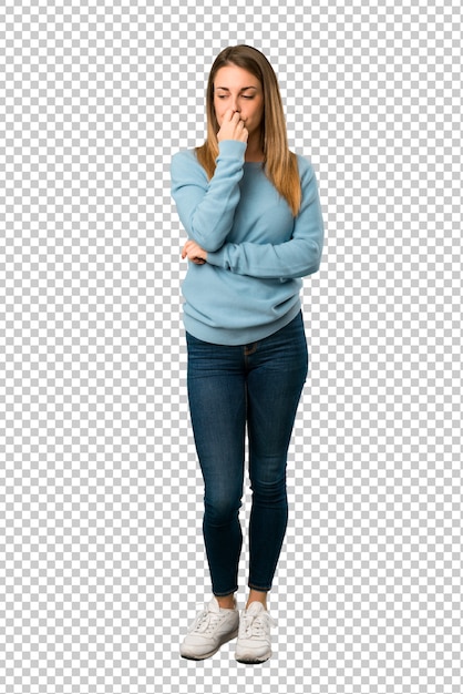 Blonde woman with blue shirt having doubts