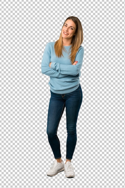 PSD blonde woman with blue shirt keeping the arms crossed in frontal position