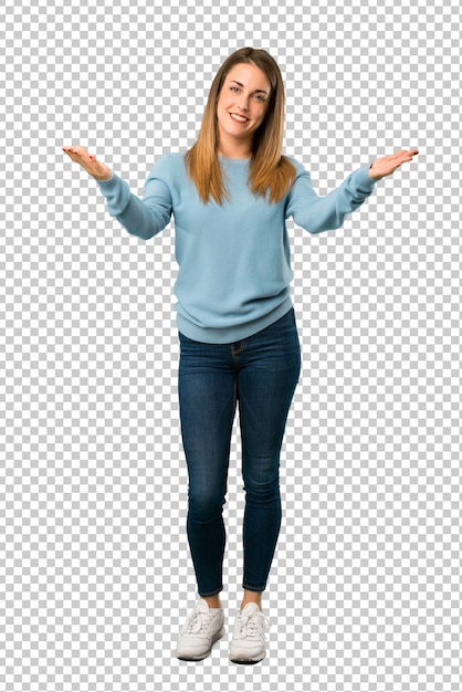 Blonde woman with blue shirt presenting and inviting to come with hand