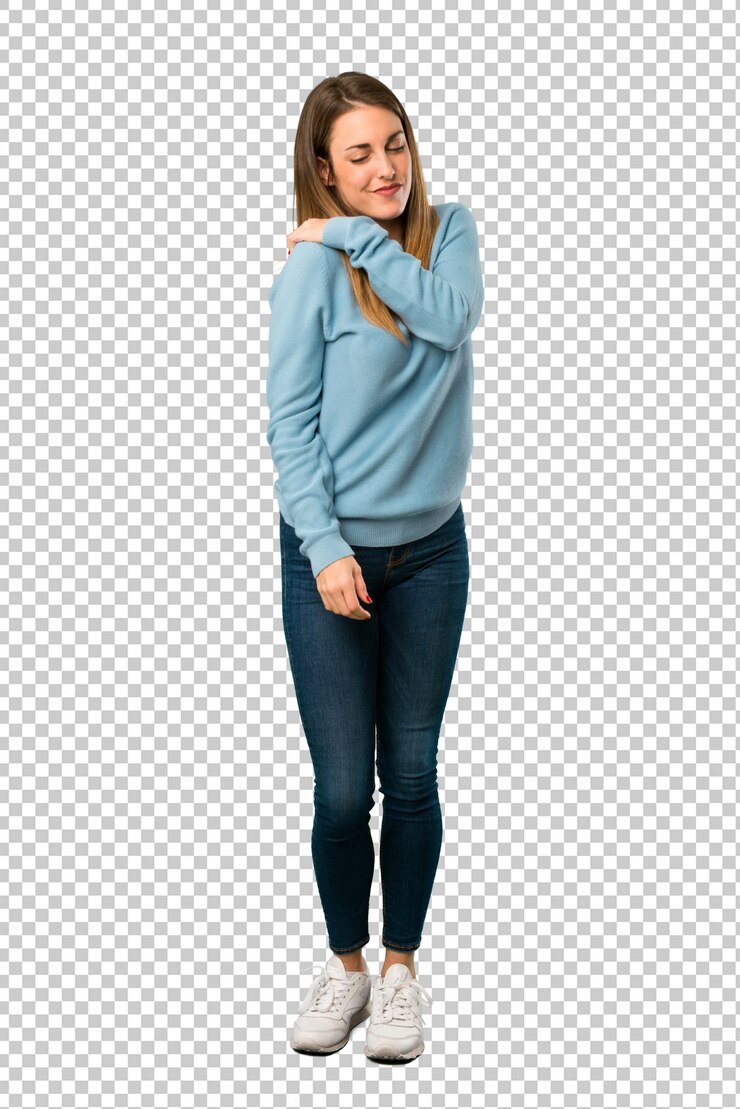 PSD blonde woman with blue shirt suffering from pain in shoulder for having made an effort