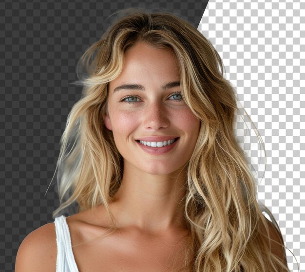 Blonde woman with necklace and white shirt smiling on transparent background stock png