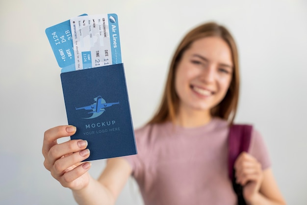 PSD blonde woman with passport mock-up