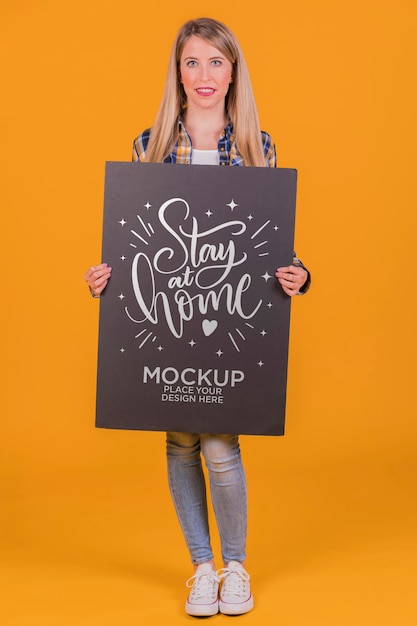 PSD blonde woman with sign concept mock-up