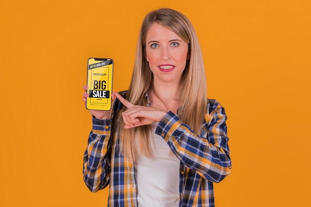 blonde woman with smartphone concept mock-up