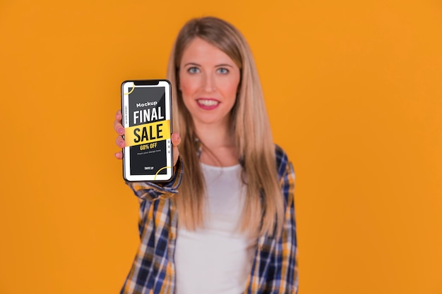 Blonde woman with smartphone concept mock-up