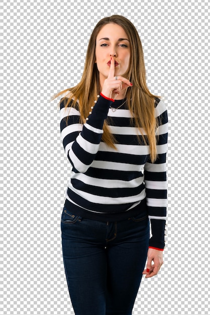 PSD blonde youn girl showing a sign of closing mouth and silence gesture