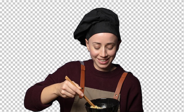 blonde young pretty chef woman with a ramen bowl