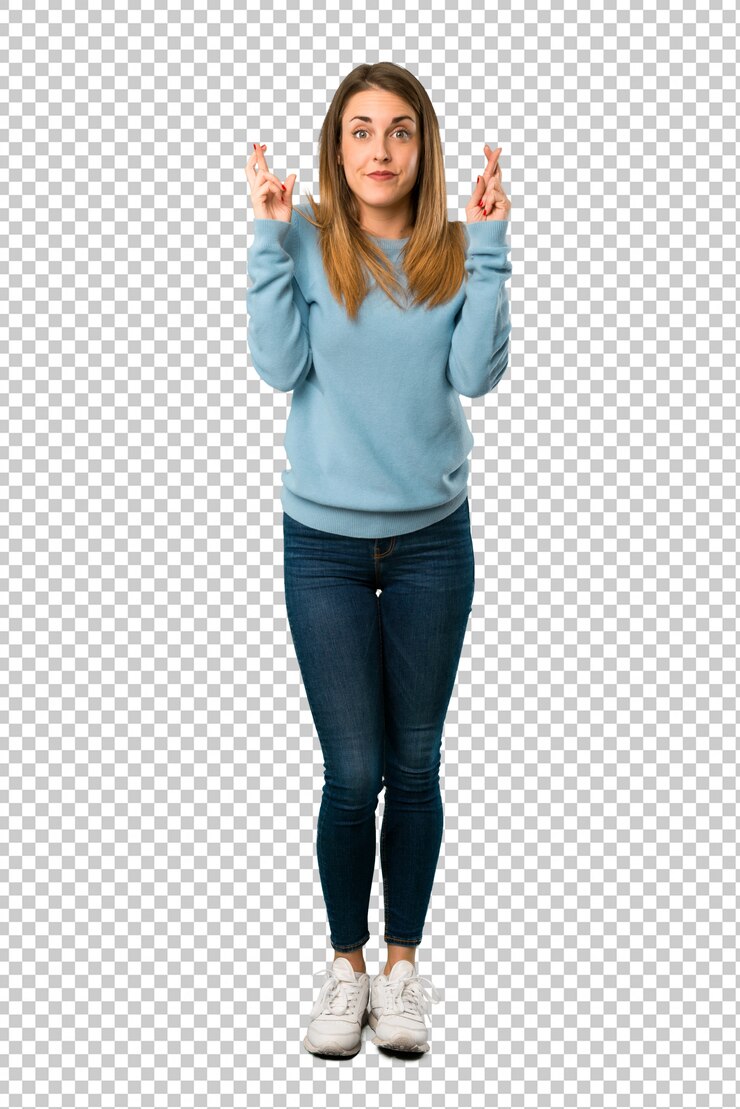 PSD blondevrouw met blauw overhemd met vingers die en het beste kruisen wensen