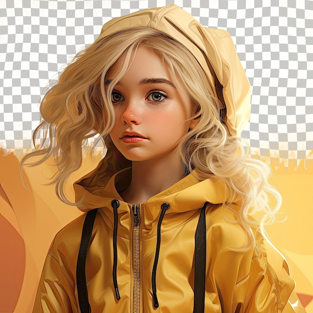 PSD blondynka, kuratorka, hiszpańskie dziecko w zwykłych włosach, pozie na pastelowym żółtym