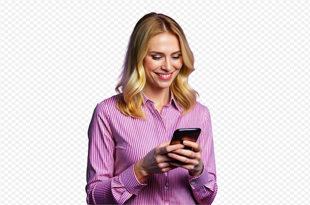 Blondynka w białej prążkowanej koszuli uśmiecha się patrząc na smartfon profesjonalny headshot