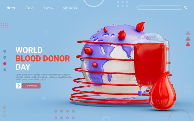 PSD blood drop and globe icon with blood bag 3d render concept for world blood donation day banner