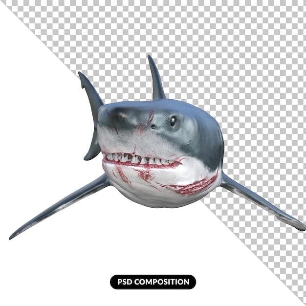 PSD bloody shark realistic isolated 3d render.