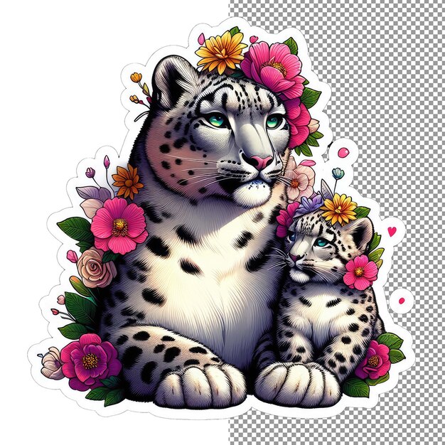 PSD blooming bond mother and baby animal in floral surroundings sticker