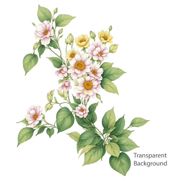 Blooming flowers and leaves branch illustration transparent background