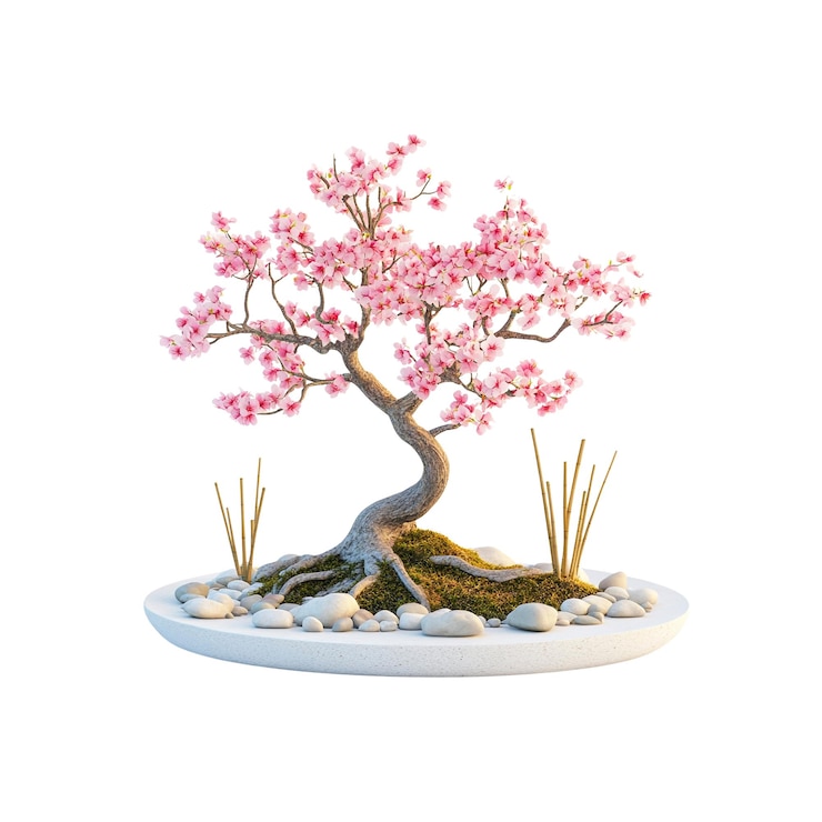 PSD blooming pink cherry blossom bonsai tree in white pot