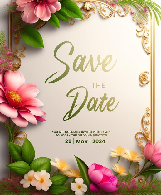 PSD blooming pink floral frame january wedding save the date cardornate golden swirls and pink blooms sa