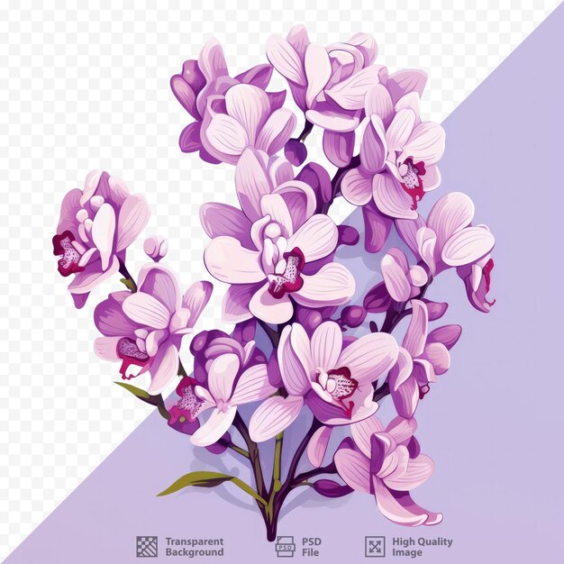 PSD orchidee viola in fiore isolate su sfondo trasparente opera d'arte piatta