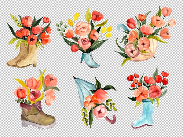 PSD blooming red flowers in umbrellas and boots watercolor illustration