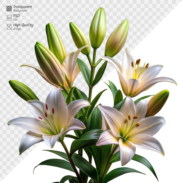 PSD blooming white lilies with lush green leaves on a transparent background