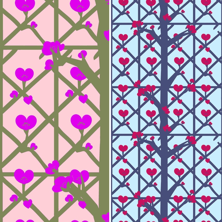 PSD blossoming cherry tree with heart shaped leaves and geometri illustration vector pattern designs