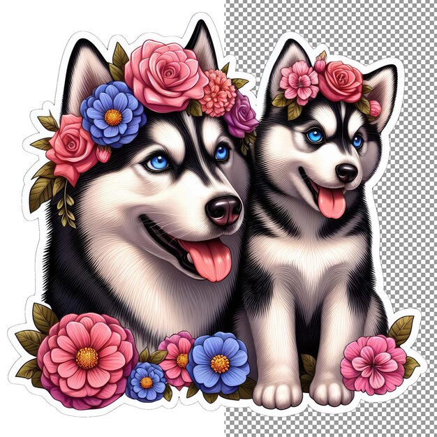 PSD 꽃이 피는 동반자 엄마 개와 그녀의 강아지 스티커
