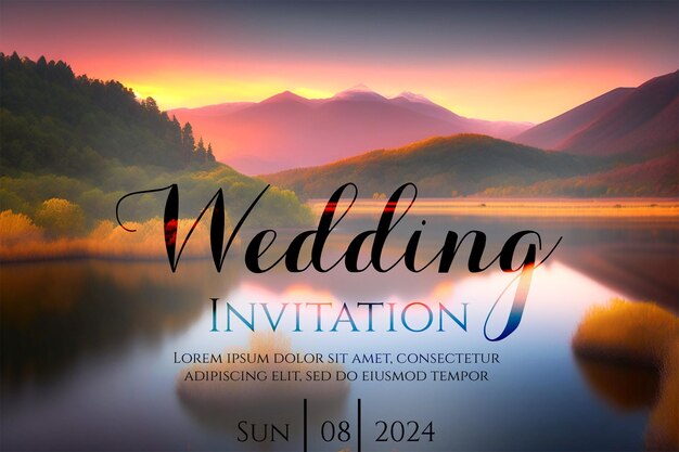 PSD blossoming elegance floral wreath wedding invitation designmajestic mountain sunset wedding invitati