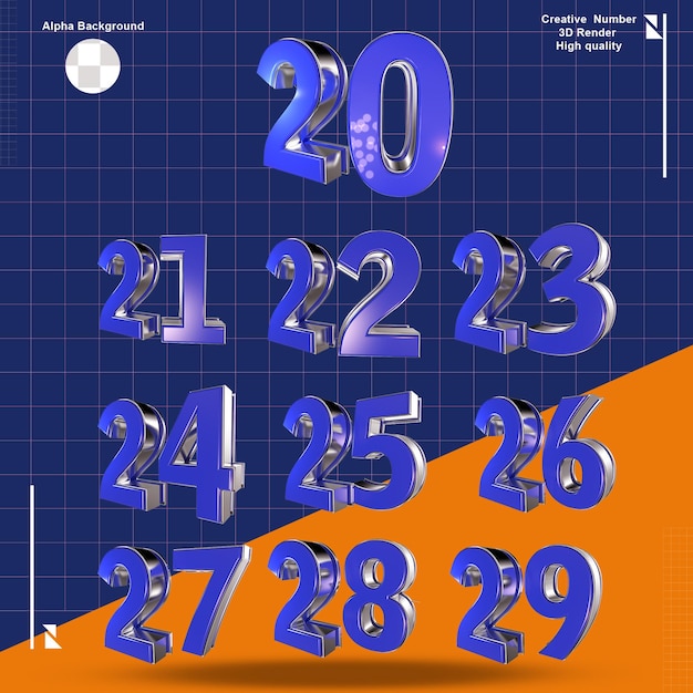 Blue 3d number 20 to 29