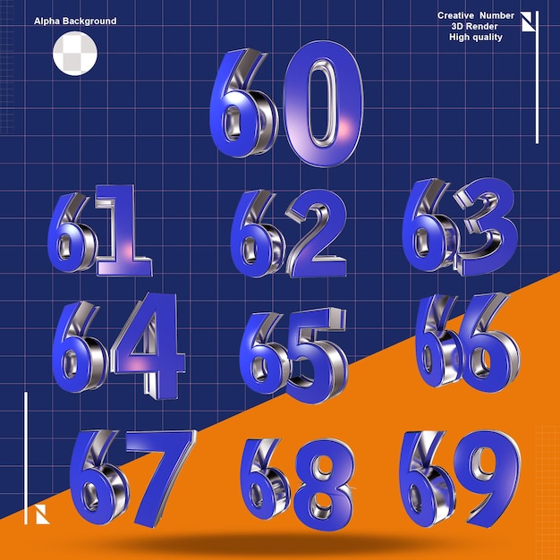 PSD blue 3d number 60 to 69