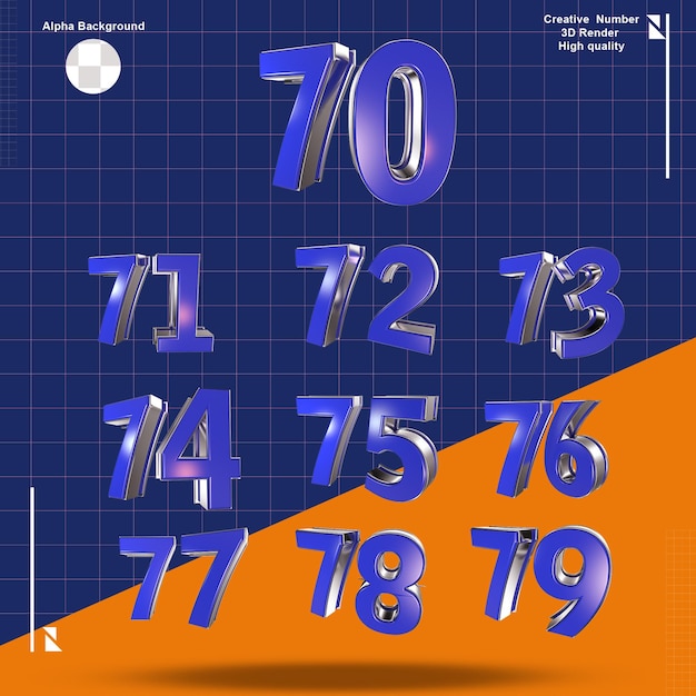 blue 3d number 70 to 79