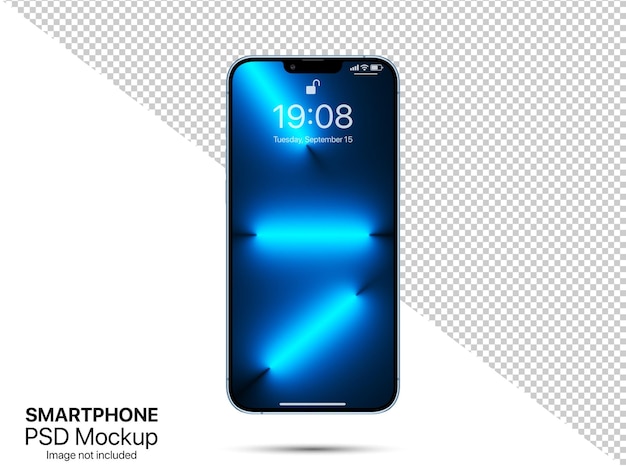 PSD modello di iphone 13 pro max vista frontale mockup schermo smartphone blu 3d