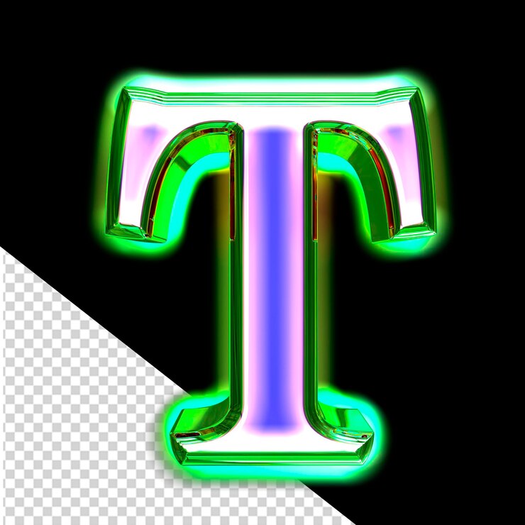 グロー文字 t の緑のフレームに青の 3 d シンボル
